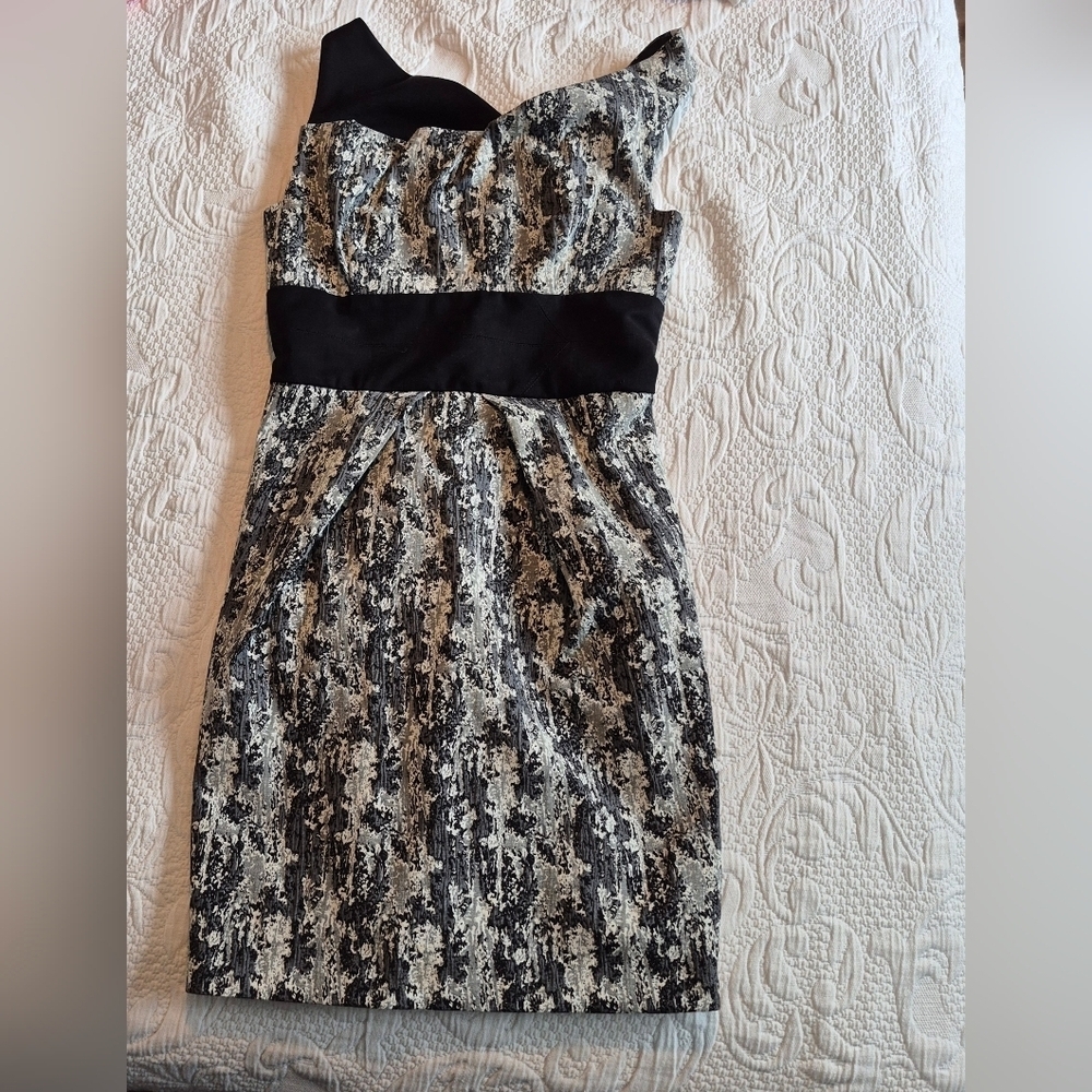 Black Halo women's size 2 black with gray shades lined cocktail dress EUC
